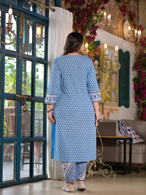 Women Plus Size Blue Pure Cotton Kurta Set With Dupatta